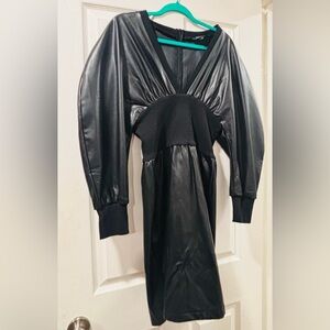 Women's Black Faux Leather Midi Dress - Cinched Waist